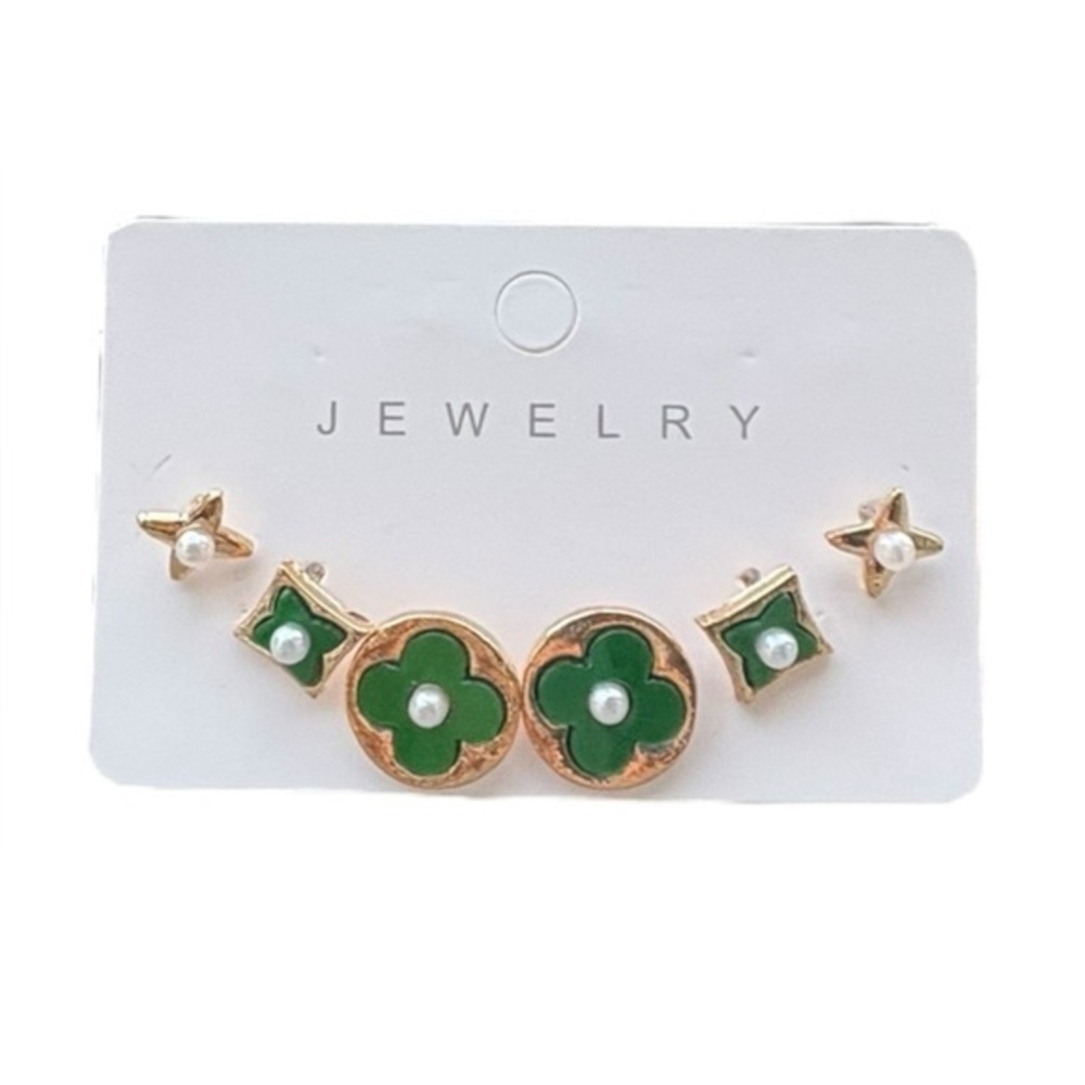5/$25 Set of 3 Pair Green & Gold Stud Earrings